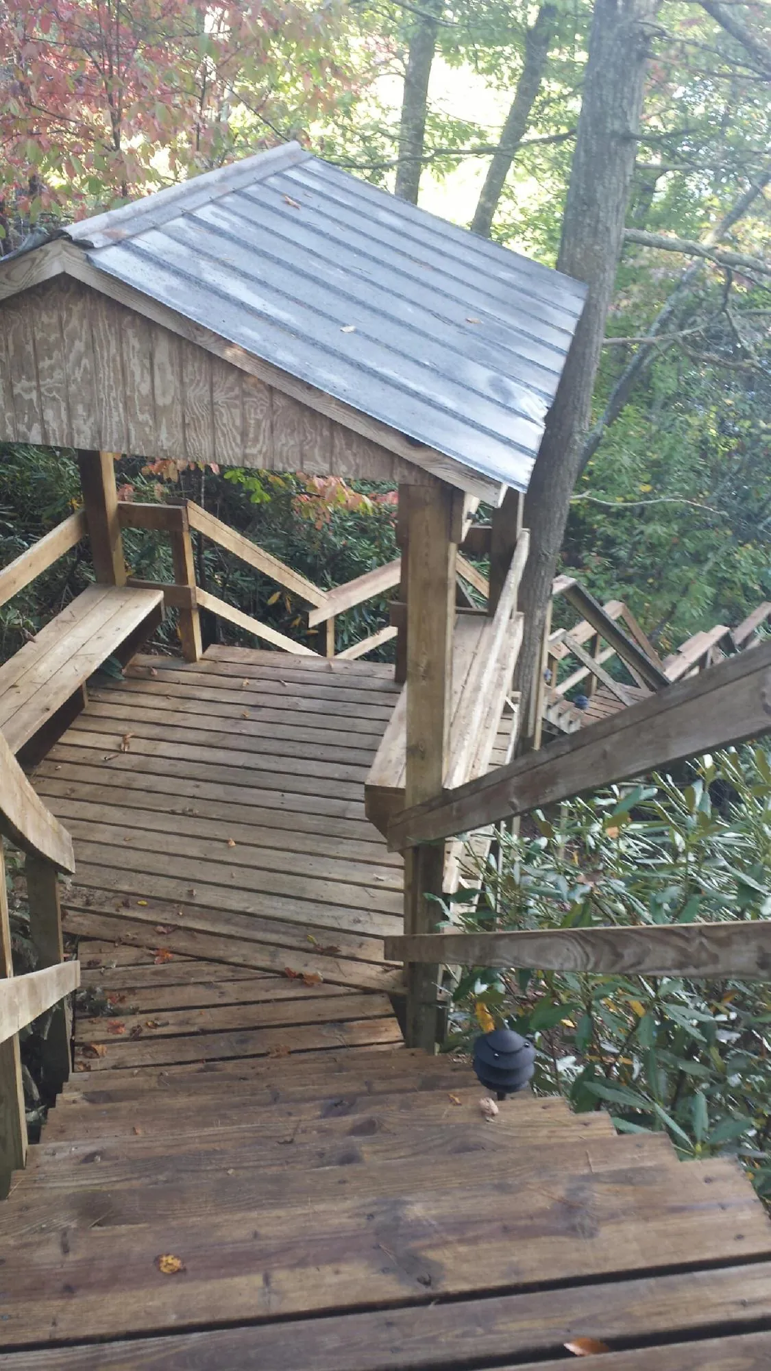 Metal roofed shelter over wooden steps on a wooded walkway — Skylight Repair & Installation work by our crew in Sunny Side